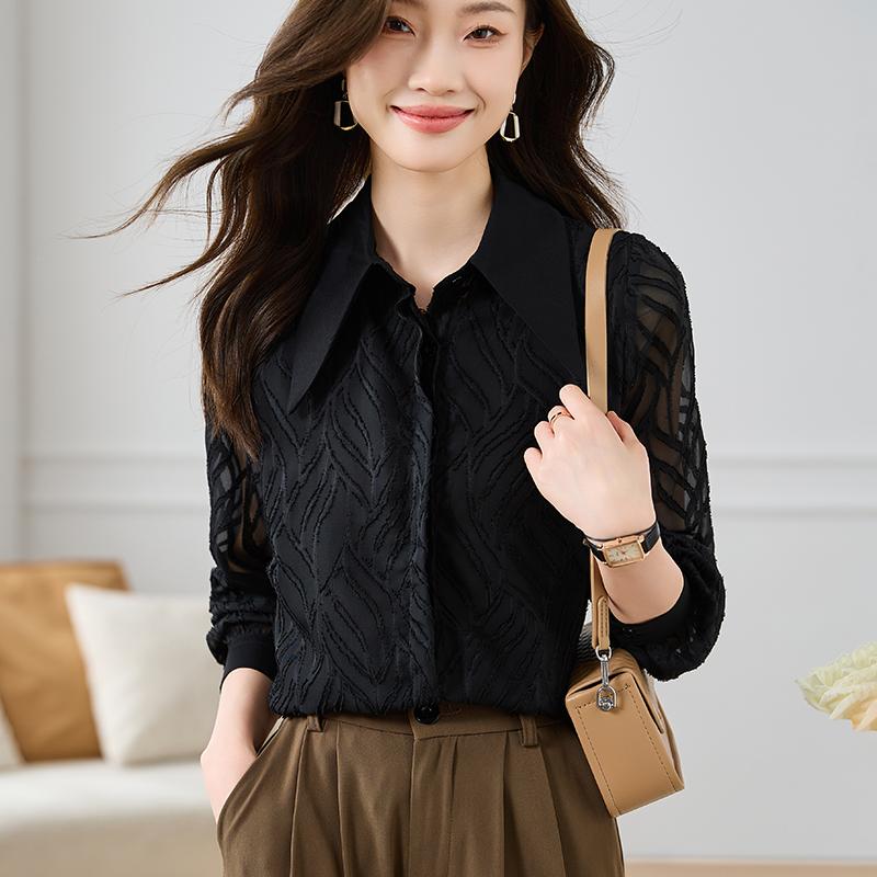 Dámské halenky Košile 2025 Jarní Dlouhý rukáv Dámská Halenka Košile Turn Down Límeček Černá Šifon Halenka Košile Dámské topy J831