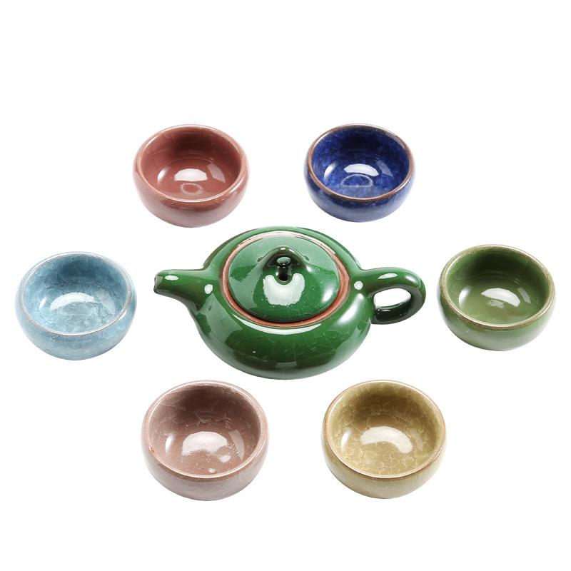 Colorful ice crack teapot opening kung fu ceramic tea set business event opening gift printing complete set of teacups
