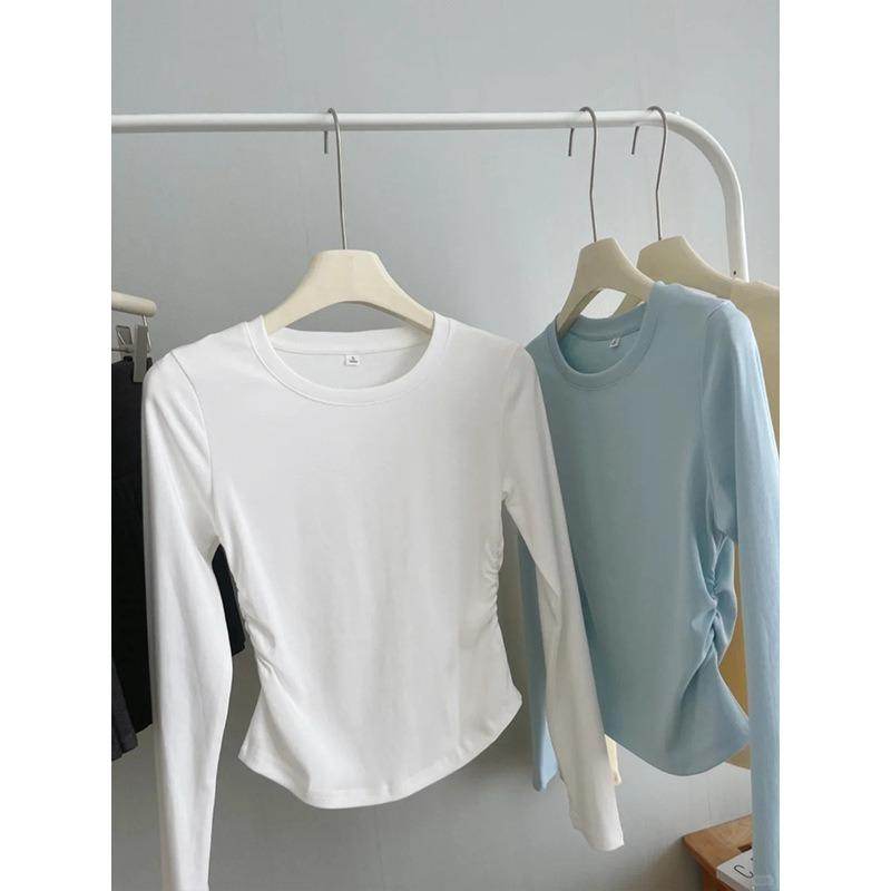 Spring new card waist pleated shirt women's inner top pure desire style bm front shoulder thin long-sleeved bottoming shirt