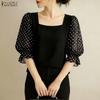 ZANZEA Women Square Collar Polka Dot Print Splice 3/4 Sleeve Elegant Blouse
