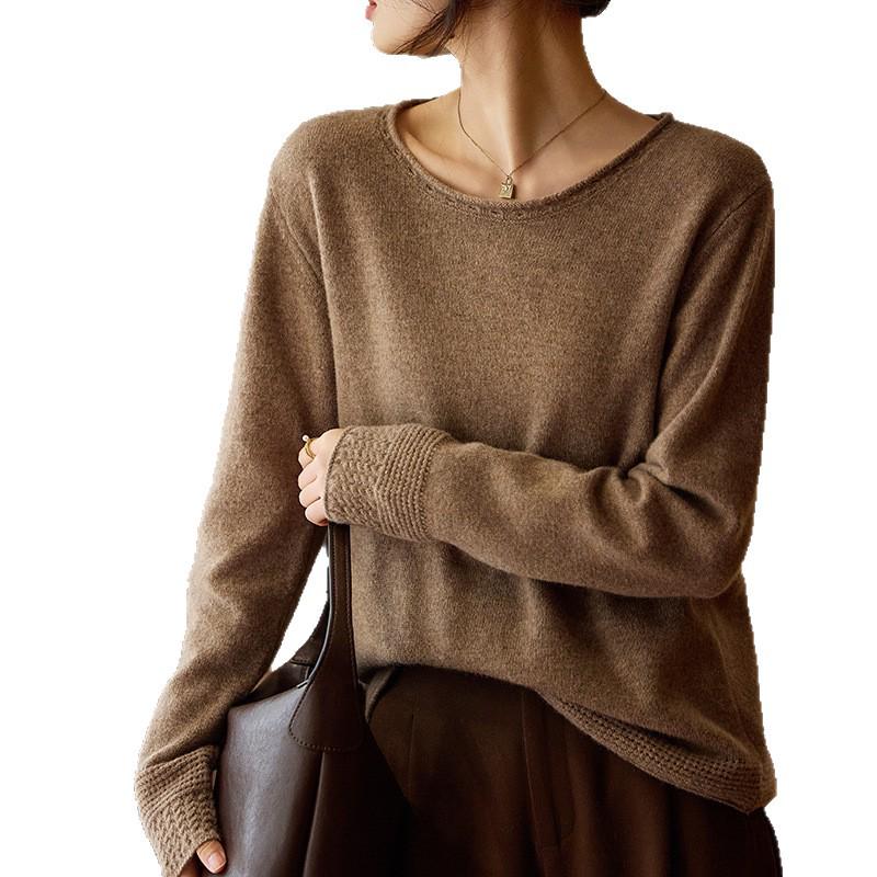 Korean Style Wool Sweater: Round Neck, Rolled Hem, Hollow Design, Loose Fit Pullover for Early Autumn