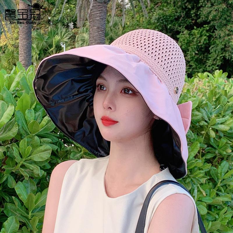 Summer can tie ponytail sunscreen hat women's new fashion foreign style sun hat trendy vinyl empty top bucket hat