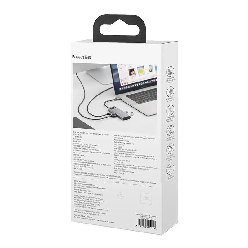 Hub 5W1 Baseus Metal Gleam Series, Usb-C Do 3X Usb 3.0 + Hdmi + Usb-C Pd