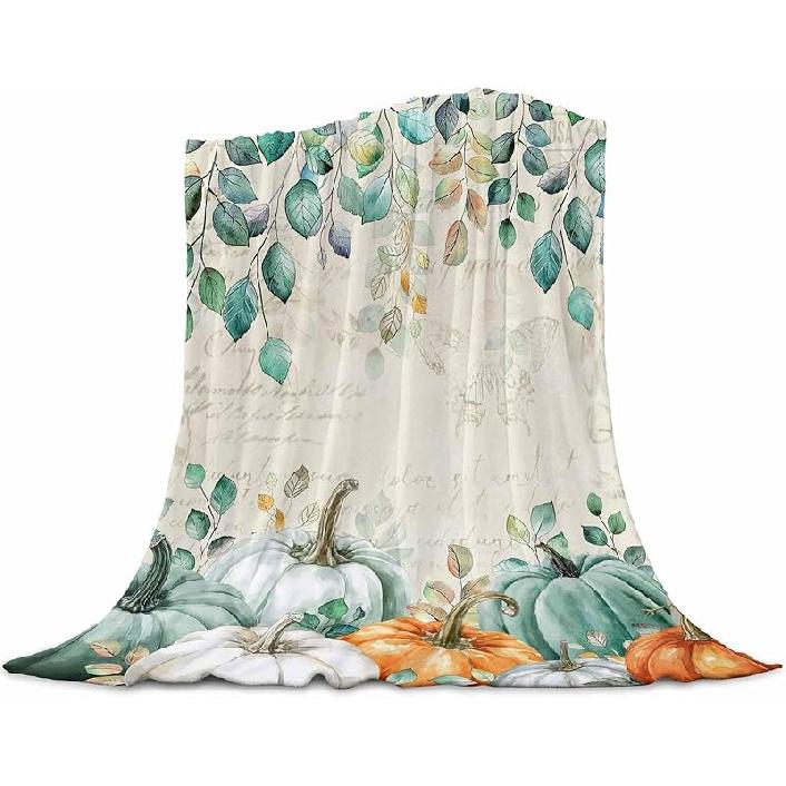 Fall Throw Blanket Green Pumpkin Blankets and Throws Soft Cozy Flannel Fleece Eucalyptus Leaves Branch Blanket for Couch Bed Sofa Chair Autumn