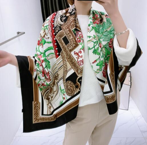 130CM Silk Scarf Women Large Shawls Palace Floral Print Square Bandana Luxury Kerchief Hijab Scarf Female Foulards