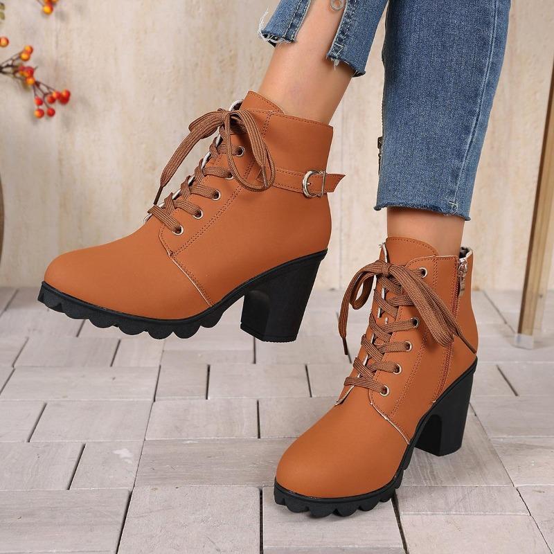 Women's Wide Width Round Toe Ankle Boots - Lace-Up High Heel Martin Boots for Fall/Winter, Fashion Casual Boots