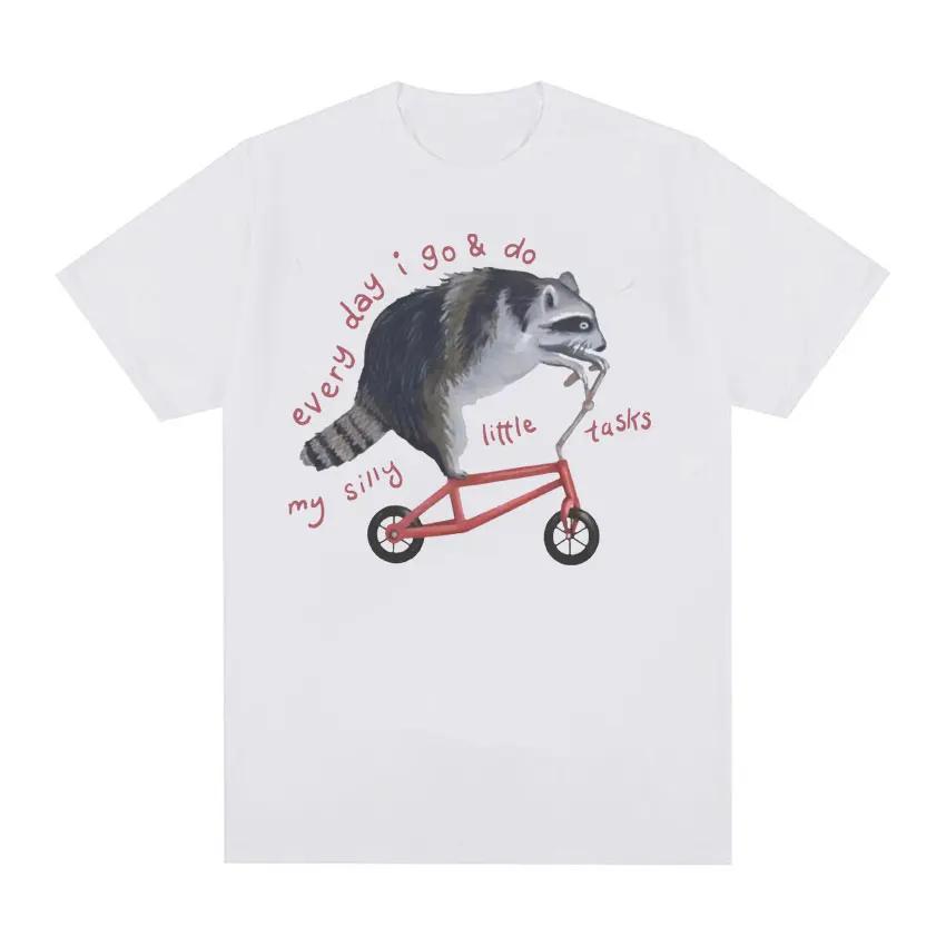 Fun Raccoon on Bicycle Meme T Women's Casual Vintage Cartoon T-shirt Summer Humorous Short sleeved T-shirt Top