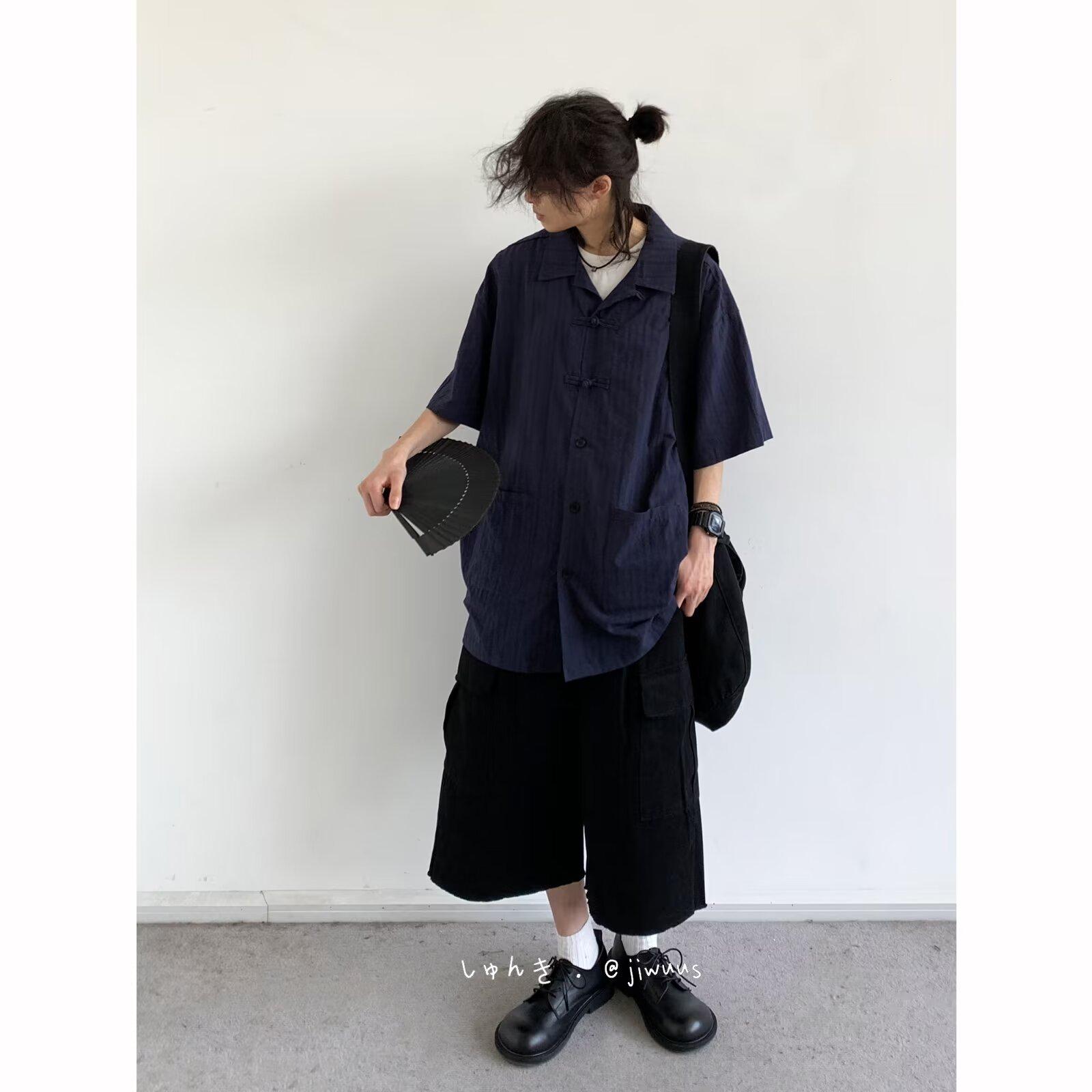 

Летняя одежда мужская ретро повседневная рубашка студенческая свободная нишевая дизайнерская забавная новая мужская верхняя часть для ношения на открытом воздухе 2XL синий