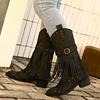 Fashion Women's Retro Chunky Heeled Long Boots Rivet Belt Buckle Mid-calf Boots Woman Autumn Winter Tassel Knee High Boot Plus Size 42