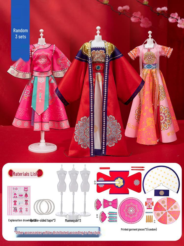 Children's DIY Fashion Design Hanfu Doll Set - Birthday Gift for Girls Ages 6-10, Features 7 Chinese Style Dress-Up Options