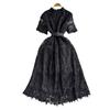 Light Luxury Celebrity Temperament Short Sleeve Stand Collar Waist Thin a Word Hollow Lace Dress Elegant Long Dress