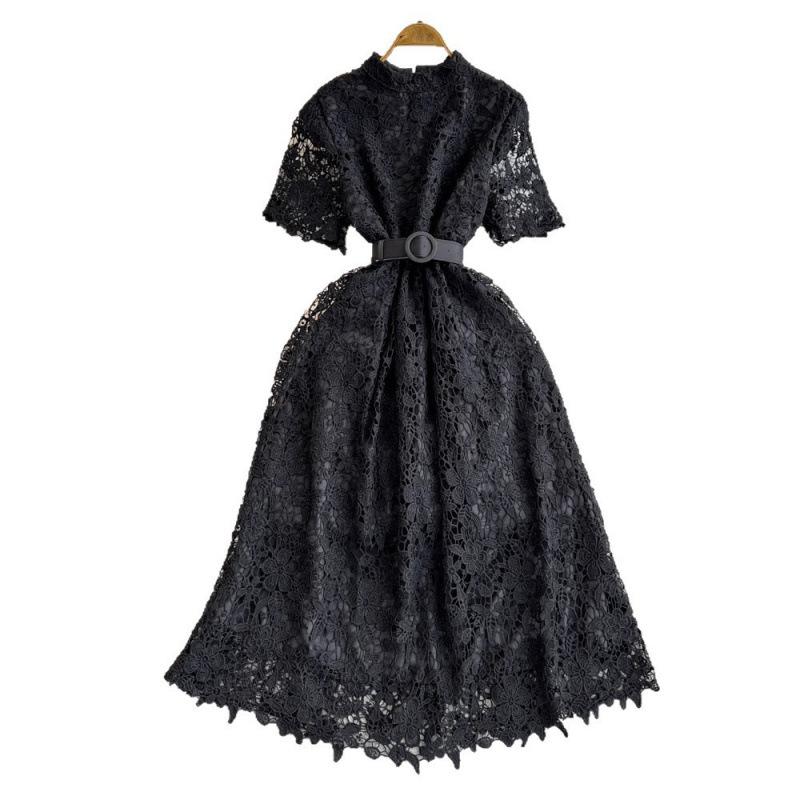 Light Luxury Celebrity Temperament Short Sleeve Stand Collar Waist Thin a Word Hollow Lace Dress Elegant Long Dress