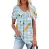 Ladies' Casual V-neck Short Sleeved Shirt With Pleated Easter Print On The Chest