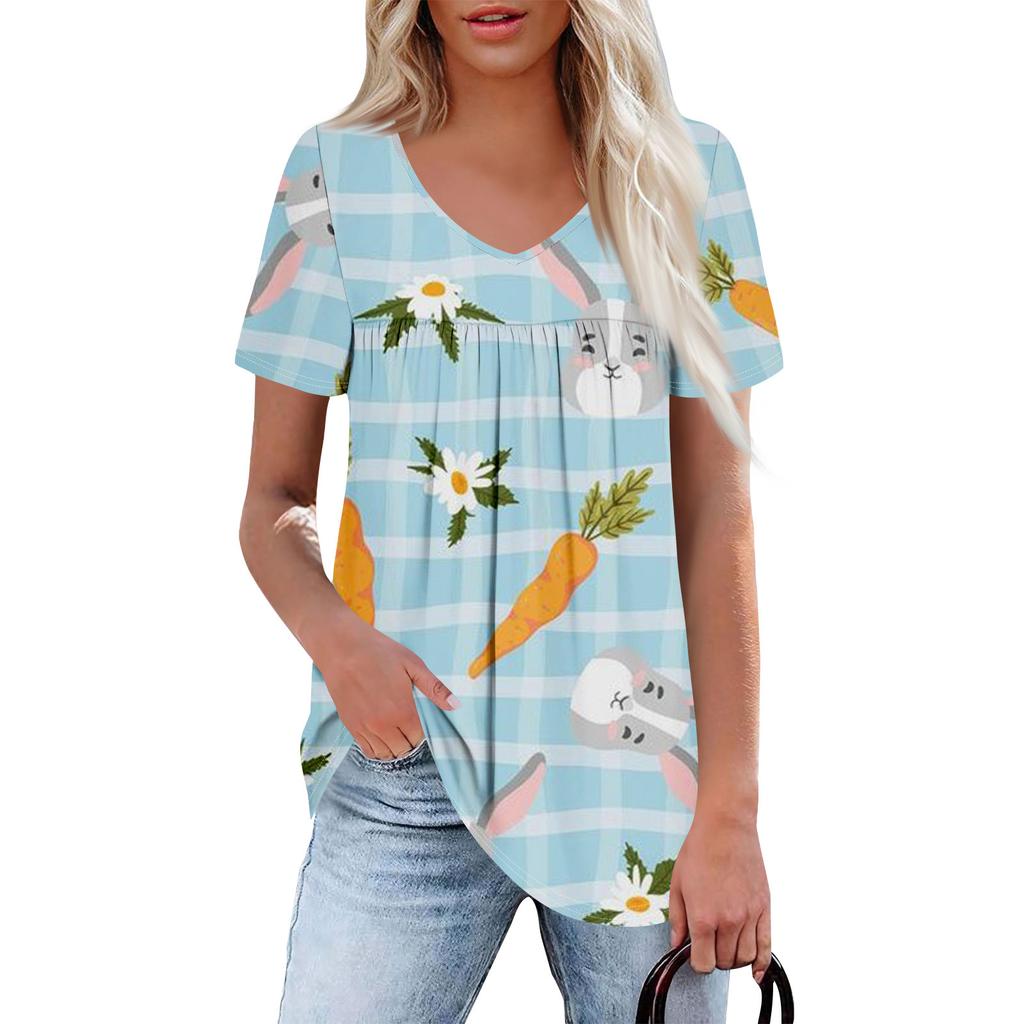 Ladies' Casual V-neck Short Sleeved Shirt With Pleated Easter Print On The Chest