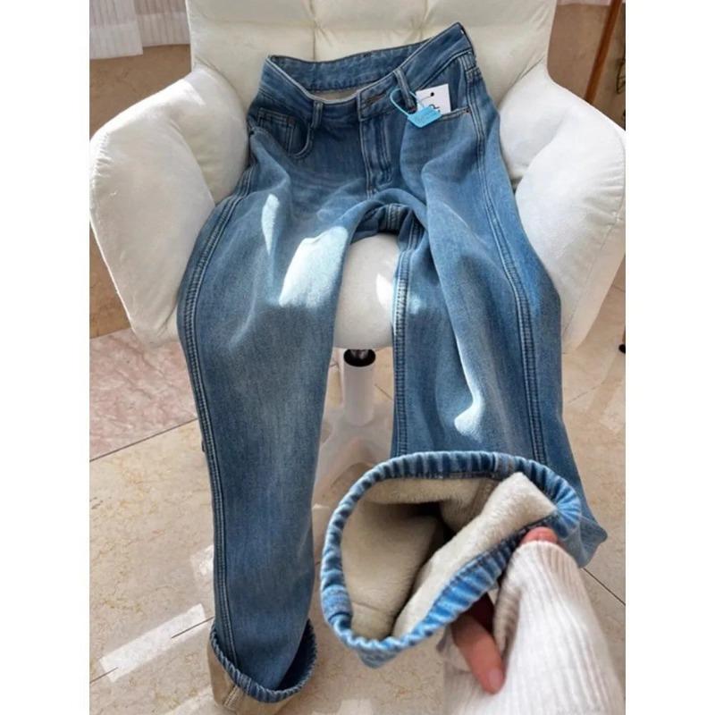 Winter New High Waist Loose Drape Retro Blue Velvet Thickened Warm Jeans Women