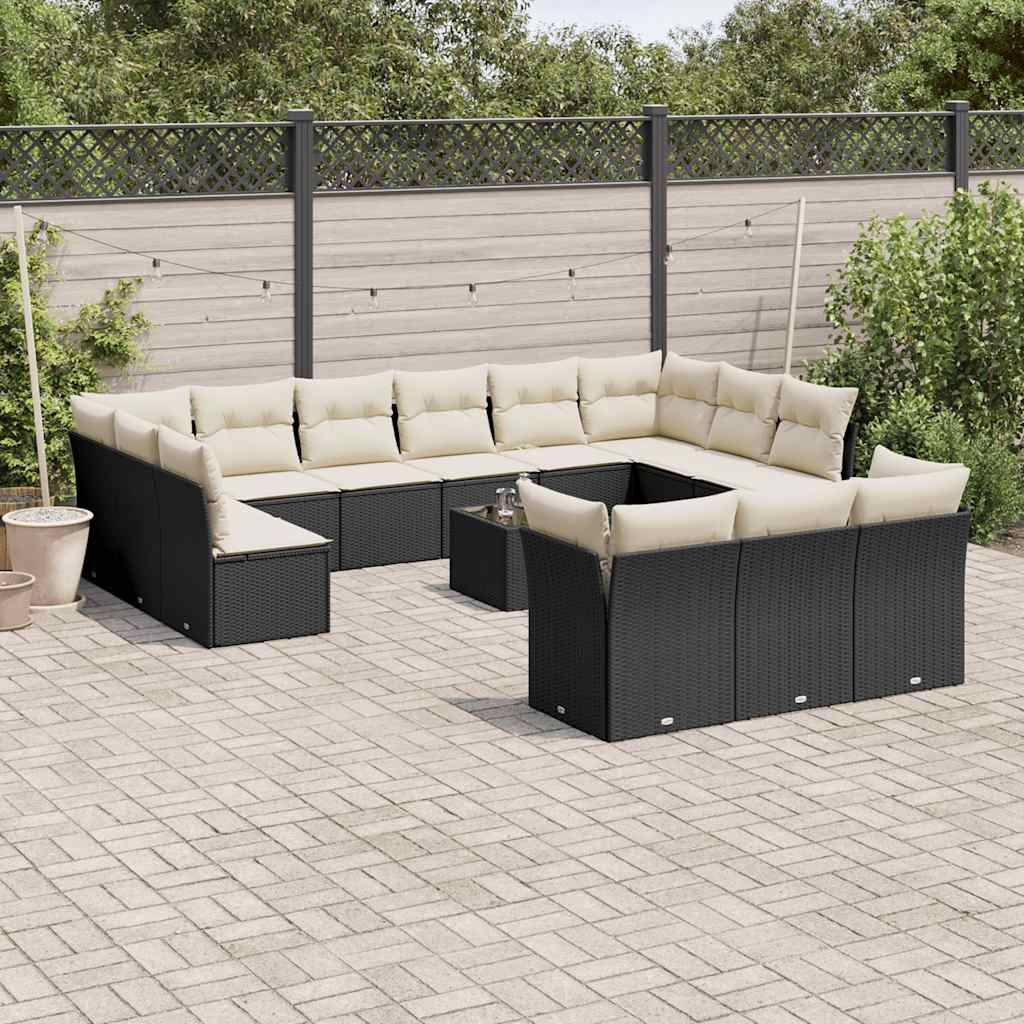 14 pc Garden Sofa Set with Cushions Black Poly Rattan
