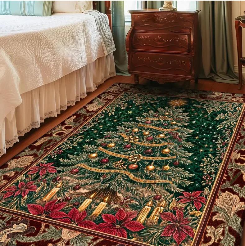 Regal Christmas Tree Poinsettia Rug Vintage Xmas Home Decor Cozy Winter Decor Festive Cottagecore Rustic Holiday Traditional