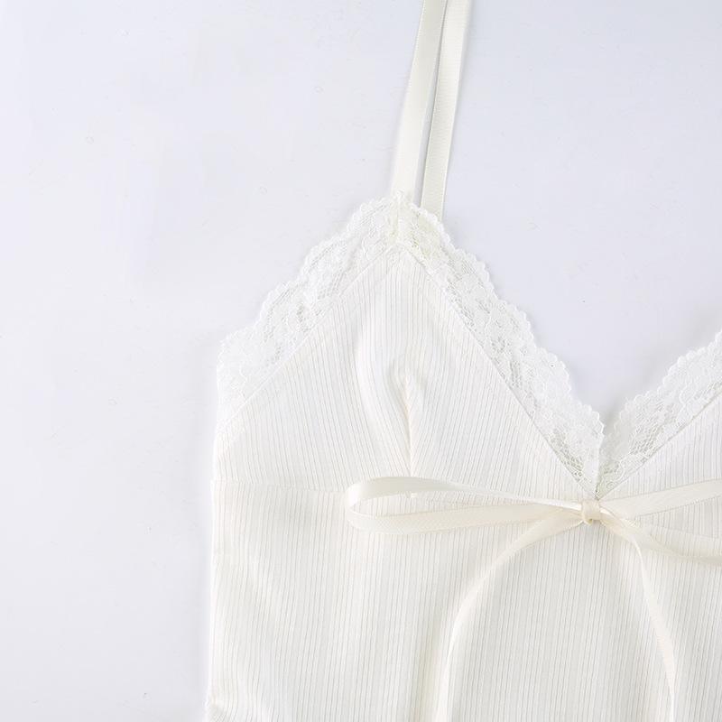 Women Simple Lace Flower Pit Strip Drawstring V-neck Suspender Vest Short Top