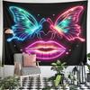 Neon Butterflies and Lips On Black Background Pattern Wall Hanging Tapestry Decorative Tapestry Home Decor for Bedroom and Living Room