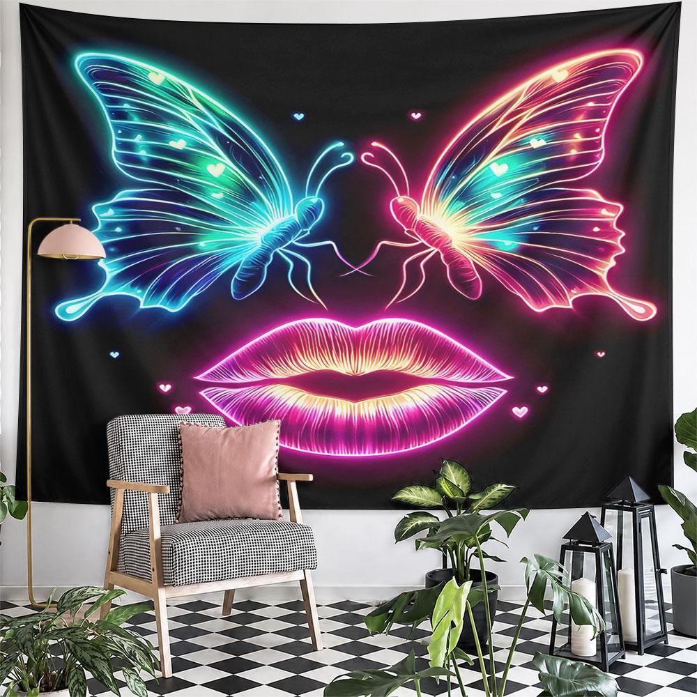 Neon Butterflies and Lips On Black Background Pattern Wall Hanging Tapestry Decorative Tapestry Home Decor for Bedroom and Living Room