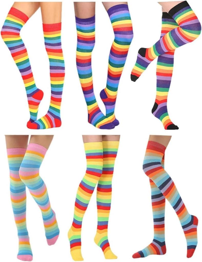Femmes Filles Fantaisie Arc-en-Ciel Coloré Rayures Au-Dessus du Genou Chaussettes Longues Costume Cosplay Halloween Tricotées Extensibles Cuisse Haute