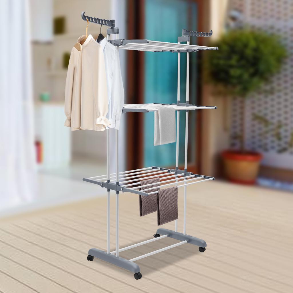 Gray Foldable Clothes Drying Rack, Stainless Steel Garment Dryer Stand, 4-Tier Laundry Rack with Side Wings, Sturdy Metal Frame