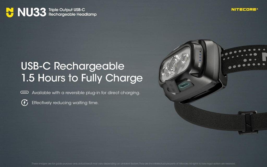 NITECORE NU33 Triple Output Rechargeable Headlamp 700 Lumens Eco Sensor USB Charging Cable USB-C - - Type-C