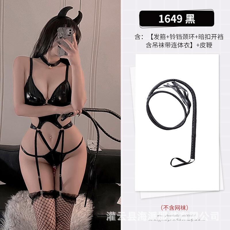 Lingerie Sexy Glossy Leather Patent Leather Binding Mature Charm Elegant Gentle Hollow Pure Desire Little Cow Bodysuits 5A79