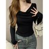 2025 Black One-Shoulder Long-Sleeve Women's T-shirt with Flowing Collar for Spring and Autumn