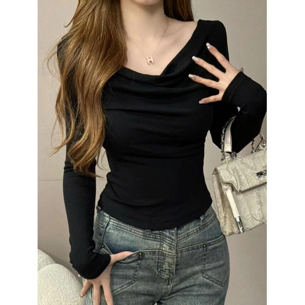 2025 Black One-Shoulder Long-Sleeve Women's T-shirt with Flowing Collar for Spring and Autumn