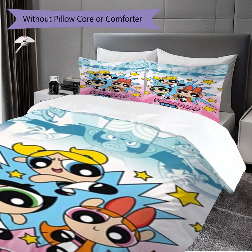 Cartoon Powerpuff Girls print children's duvet cover set, soft and skin-friendly, available in multiple sizes, bedroom bedding.