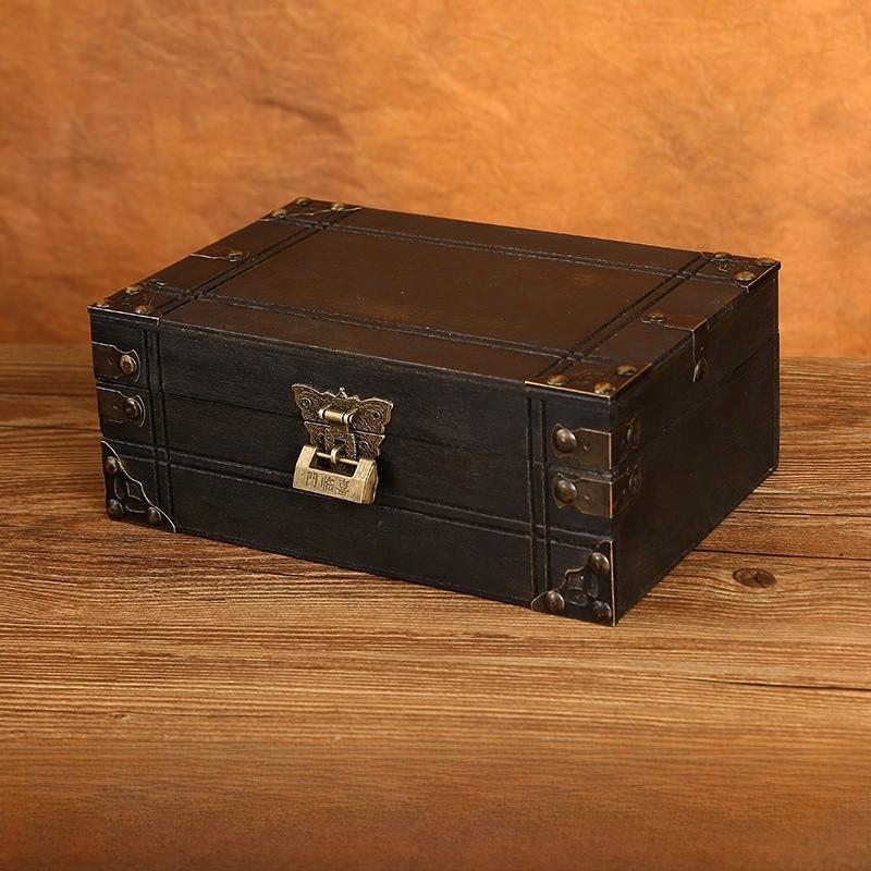Vintage Chinese Style Wooden Square Storage Box With Lock For Desk Organizer