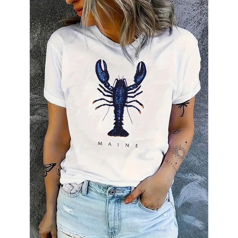 Creative Lobster Pattern Printed Women'S Trendy Short-Sleeve Shirt, Easy Casual Sports T-Shirt, Comfortable Summer Top for Holidays