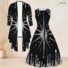 Women Plus Size Two Piece Set Printed Green Black Gold 3 4 Sleeve Cardigan Sleeveless Tie Waist Flared Dress