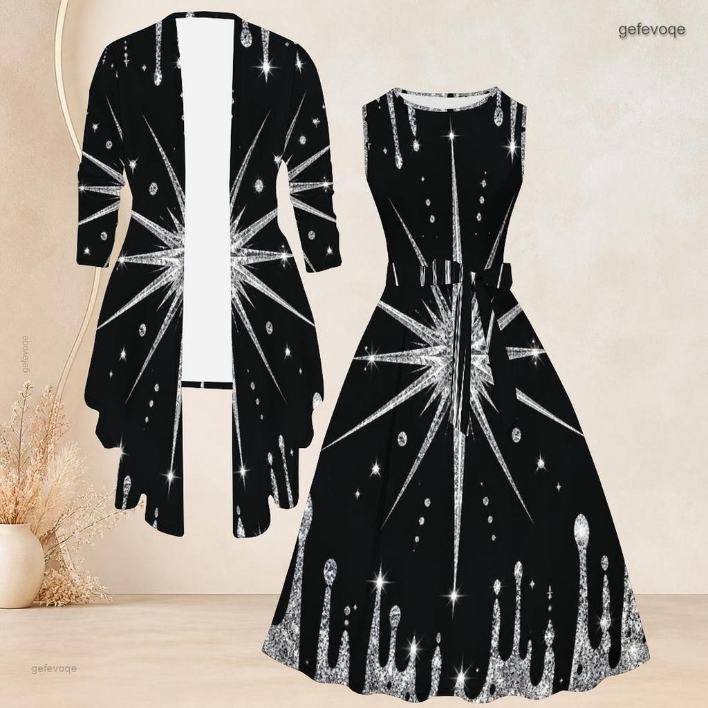 Women Plus Size Two Piece Set Printed Green Black Gold 3 4 Sleeve Cardigan Sleeveless Tie Waist Flared Dress