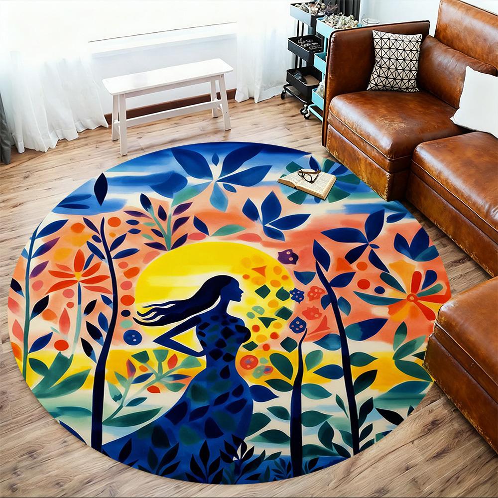 1pc Woman Forest Round Chair mat office Area Rug - Non-Slip, Floor Mat for Office, Bedroom, Ideal home decor gift p0105007