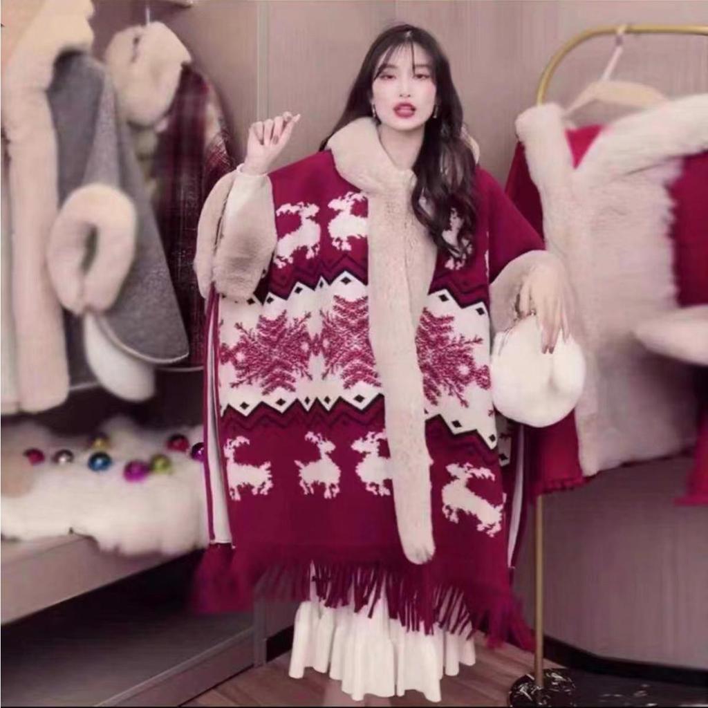 Zimowa damska szalowa kurtka peleryna luźna krata wyściełana zagęszczony futrzany kołnierz dzianinowy tweedowy szal kurtka siedmiopunktowy rękaw z czapką