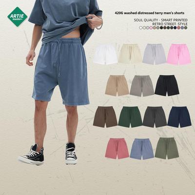2025 Zomer Gewassen Groen Geverfd 420g Europees & Amerikaans Retro Terry Heren Pure Katoen Sportshorts