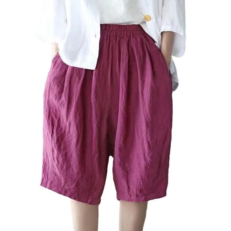 Pantalones cortos de lino y algodón de cintura alta para mujer - Verano Casual Color sólido Pierna ancha Pantalones de cinco puntos