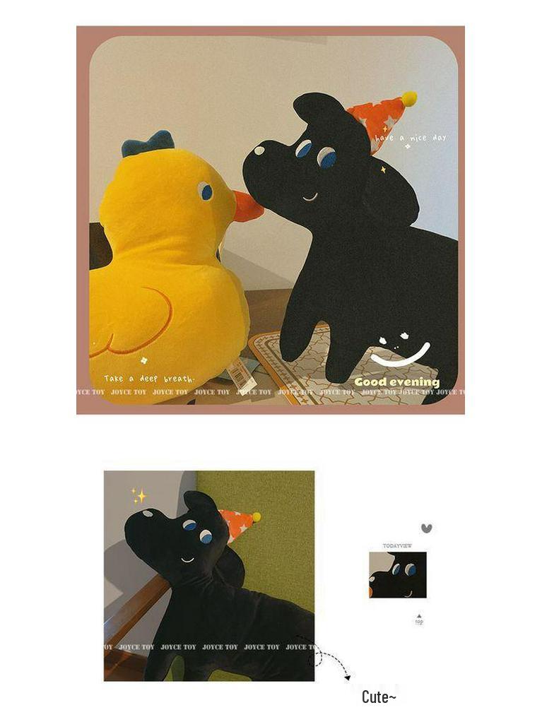 Quirky Black Dog Pillow, Cute Frog Plush, Yellow Duck Cushion for Sofa, Women’s Niche Doll Toy.