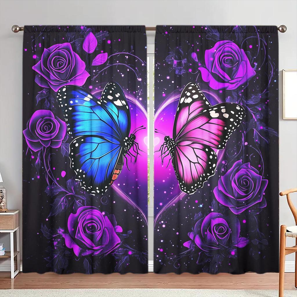 2pcs Purple Butterfly Rose Decorative Curtains   Suitable for Family and Friends   Romantic Ornate Themed Curtains