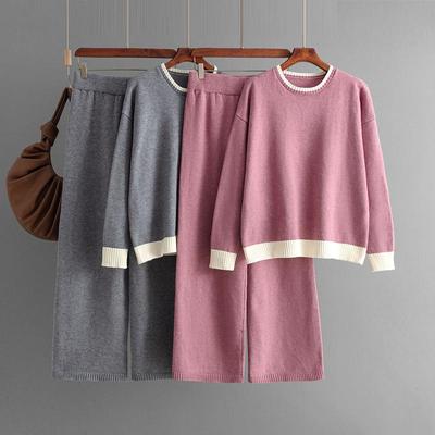 Fall Winter Lazy Wind Loose O-Neck Pulllover Sweater Suit Women's Solid Color Long Sleeve Knit Wide Leg Pants Two Piece Set