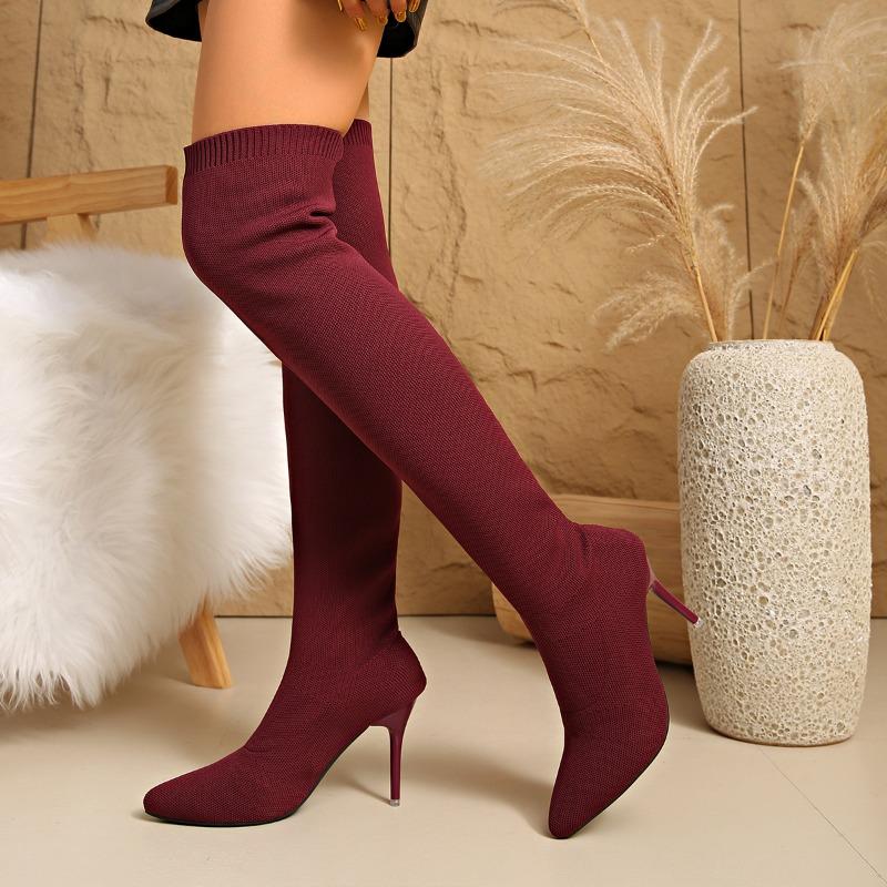 Autumn and winter new knee elastic boots pointed thin heel flying socks boots knitted tube knee boots