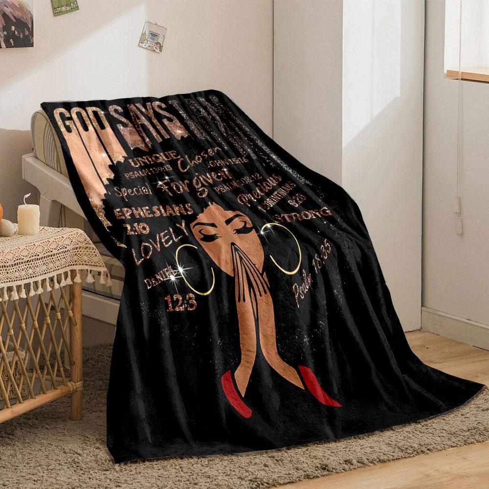 God Says I Am Religious Blanket with Inspirational Scripture and Afro Lady Design Blanket for Livingroom Lunch Break Throw for Friend's Festival Gift
