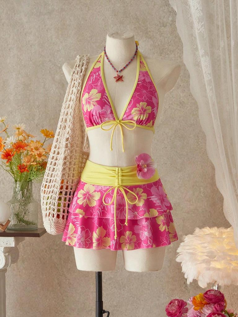 Chic European & American Print Bikini Three-Piece Swimsuit Set