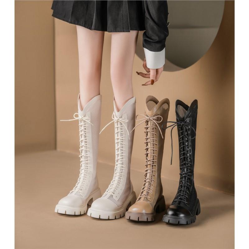 New Spring Summer Soft Leather Thin Breathable Thick-soled Cool Boots with Lace-up Mesh Knight Boots  C1225