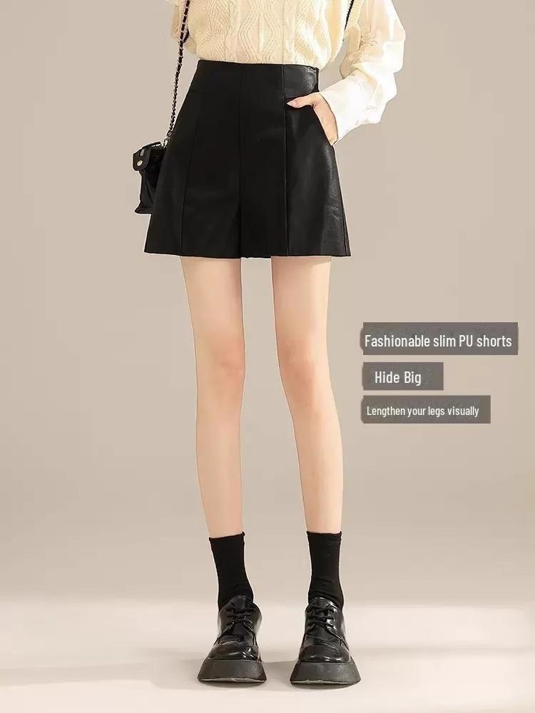

Женские шорты А-силуэта из искусственной кожи с высокой талией, облегающие, широкие, черные, осень/зима 2023, корейский стиль, идеально подходят к сапогам M чёрный