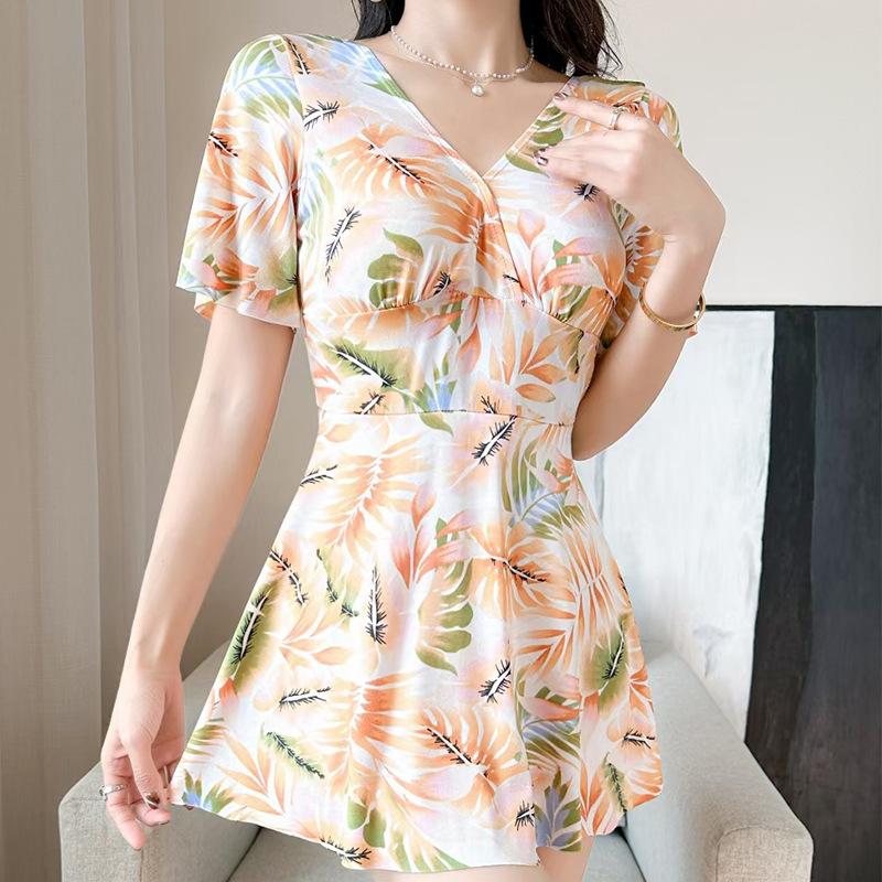

Swimsuit women s one-piece flat angle conservative and thin belly cover student swimsuit floral short-sleeved one-piece sports quick-drying wholesale one size fits all