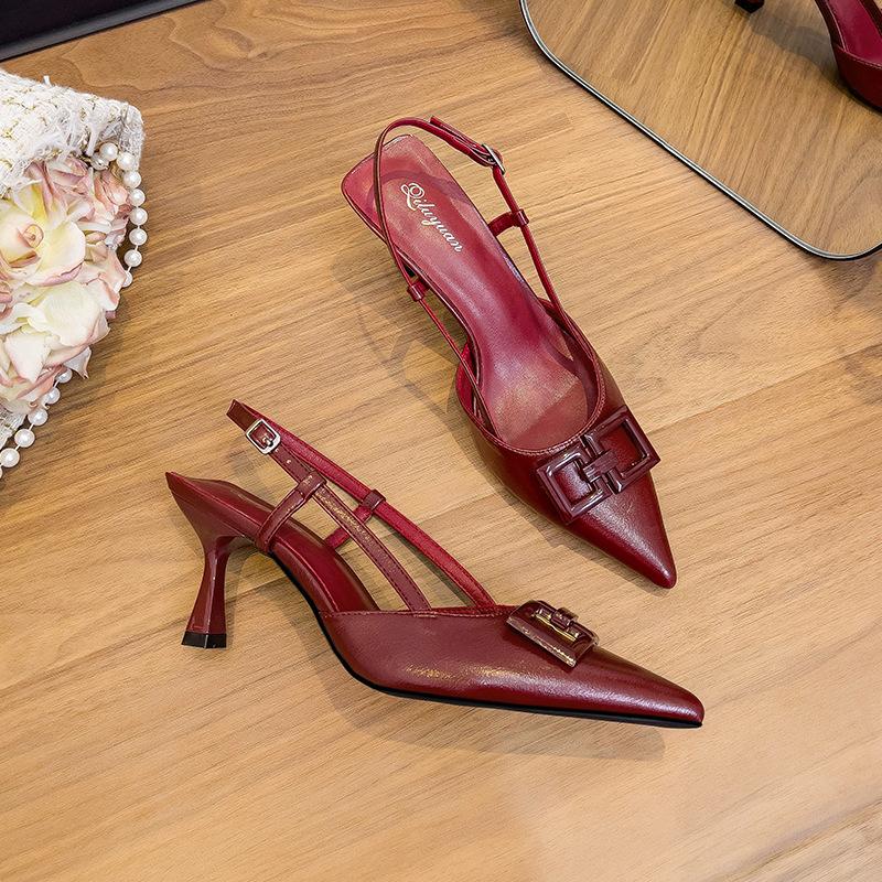 

Босоножки Backempty bag head большого размера женская обувь 2025 новые бордовые элегантные туфли на высоком каблуке-шпильке с острым носком и одним ремешком 35 бордовый