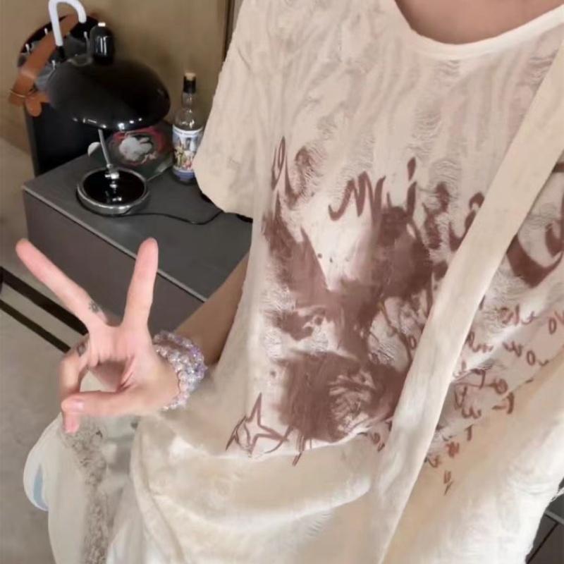 Butterfly Print Drawstring Design Women's Short Sleeved T-shirt Summer Slimming Ladies Tees Korean V-neck Loose Top